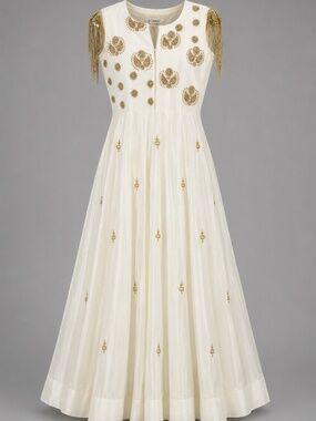 AMARA White Gold Fringe Embroidered Gown by Subhai Apparel